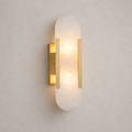 Glowing oval frosted glass wall sconce with slim gold vertical accents.