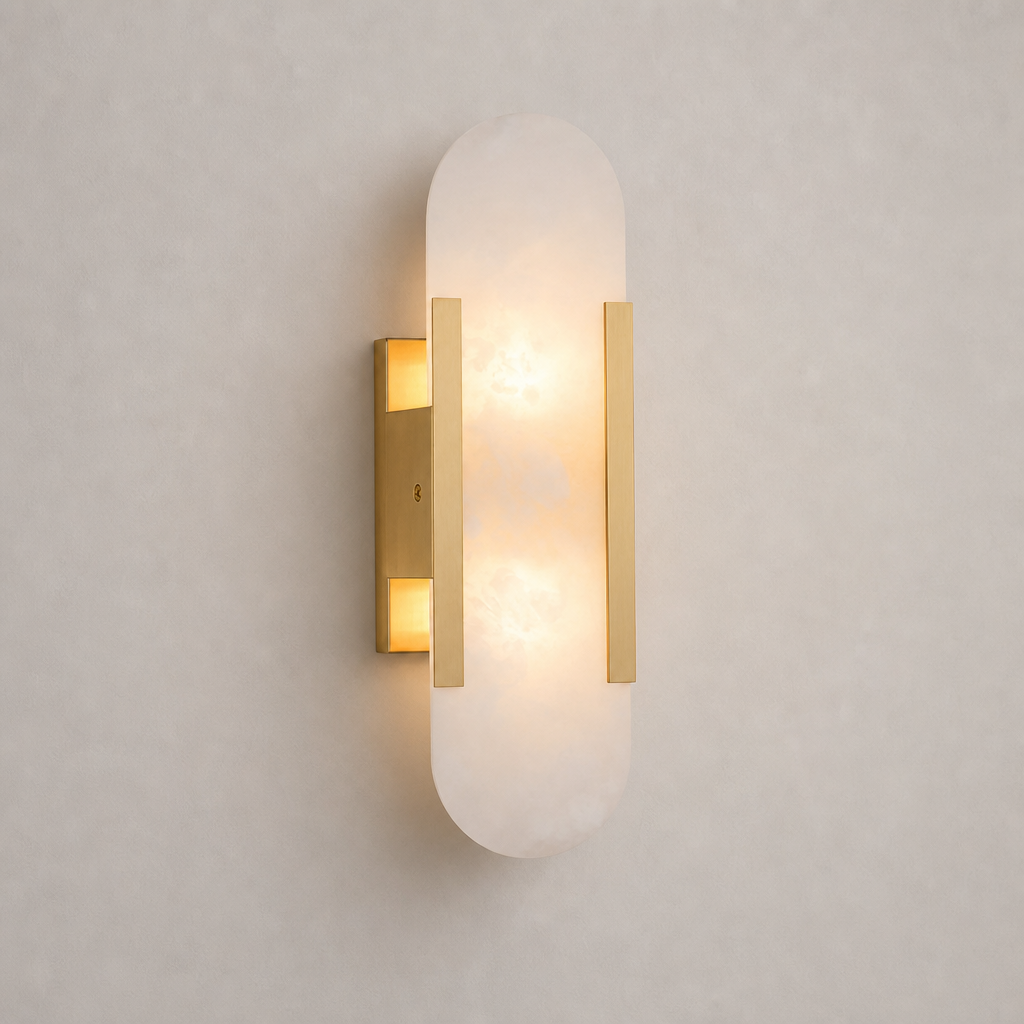 Glowing oval frosted glass wall sconce with slim gold vertical accents.
