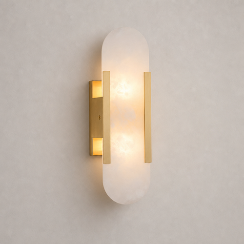Glowing oval frosted glass wall sconce with slim gold vertical accents.