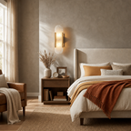 Brass and frosted glass wall sconce glowing above a cozy neutral bedside scene.