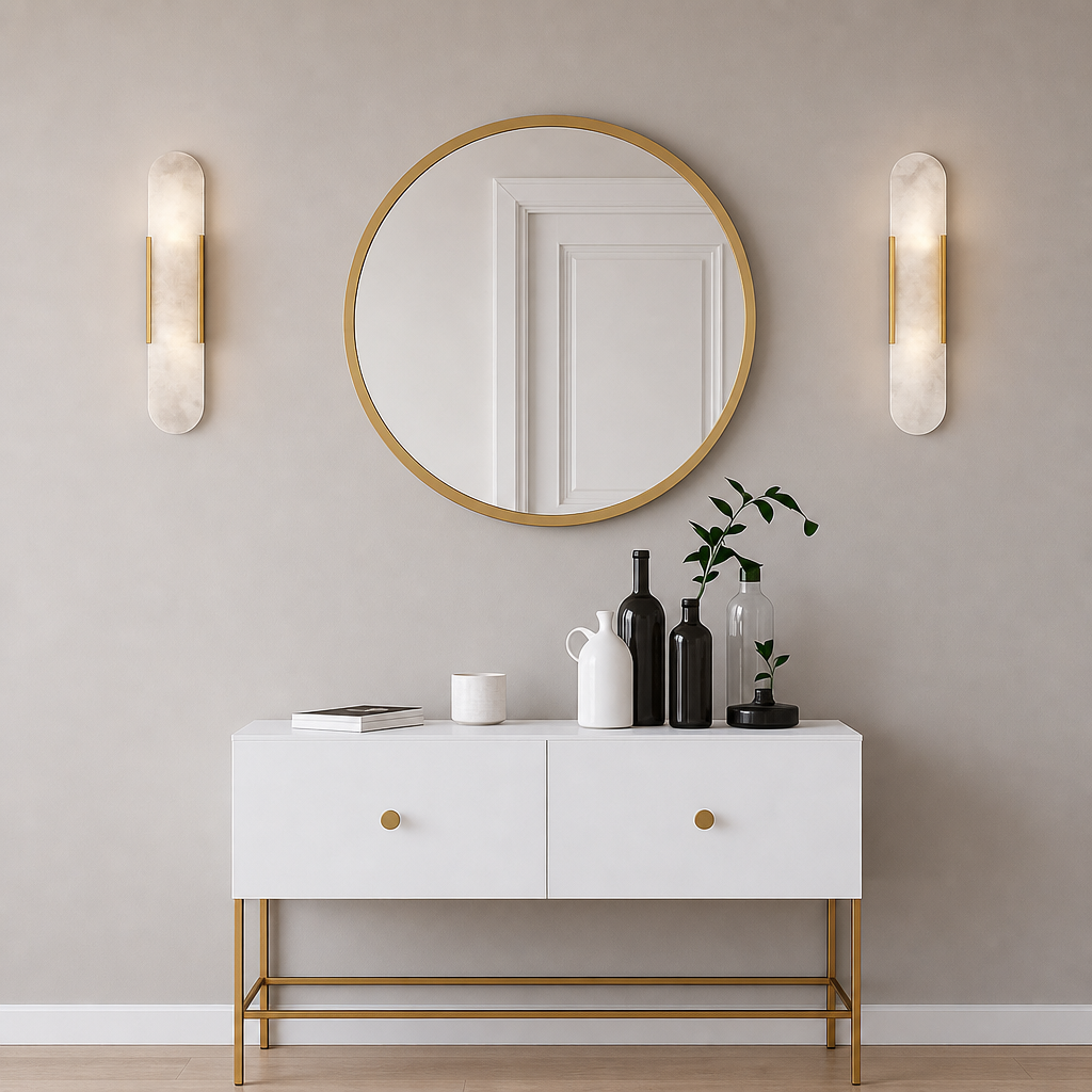 White two-drawer console with gold accents, round mirror, wall sconces, and decorative vases.