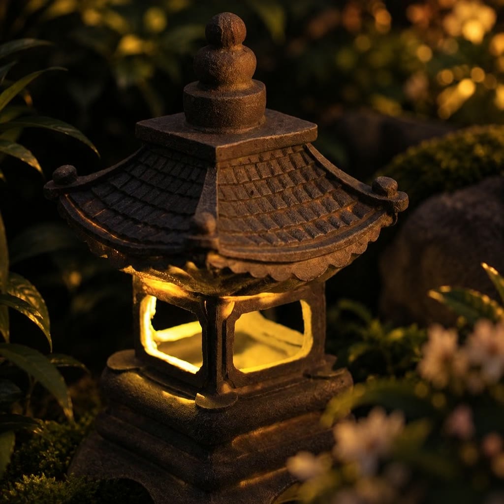 Zen Garden Collection | Solar-Powered Pagoda Garden Light with Stone Finish | Ambient Outdoor Lighting for Tranquil Spaces 1