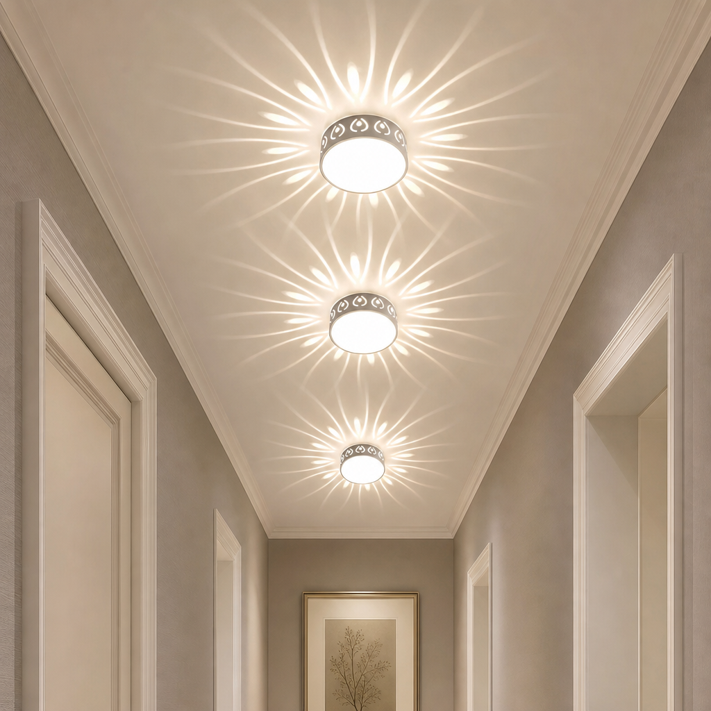 Three decorative ceiling lights cast floral patterns along a hallway ceiling.