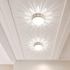 Two round ceiling lights cast bright floral patterns across a white paneled ceiling.