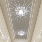 Two round ceiling lights cast floral white patterns across a recessed glossy ceiling.