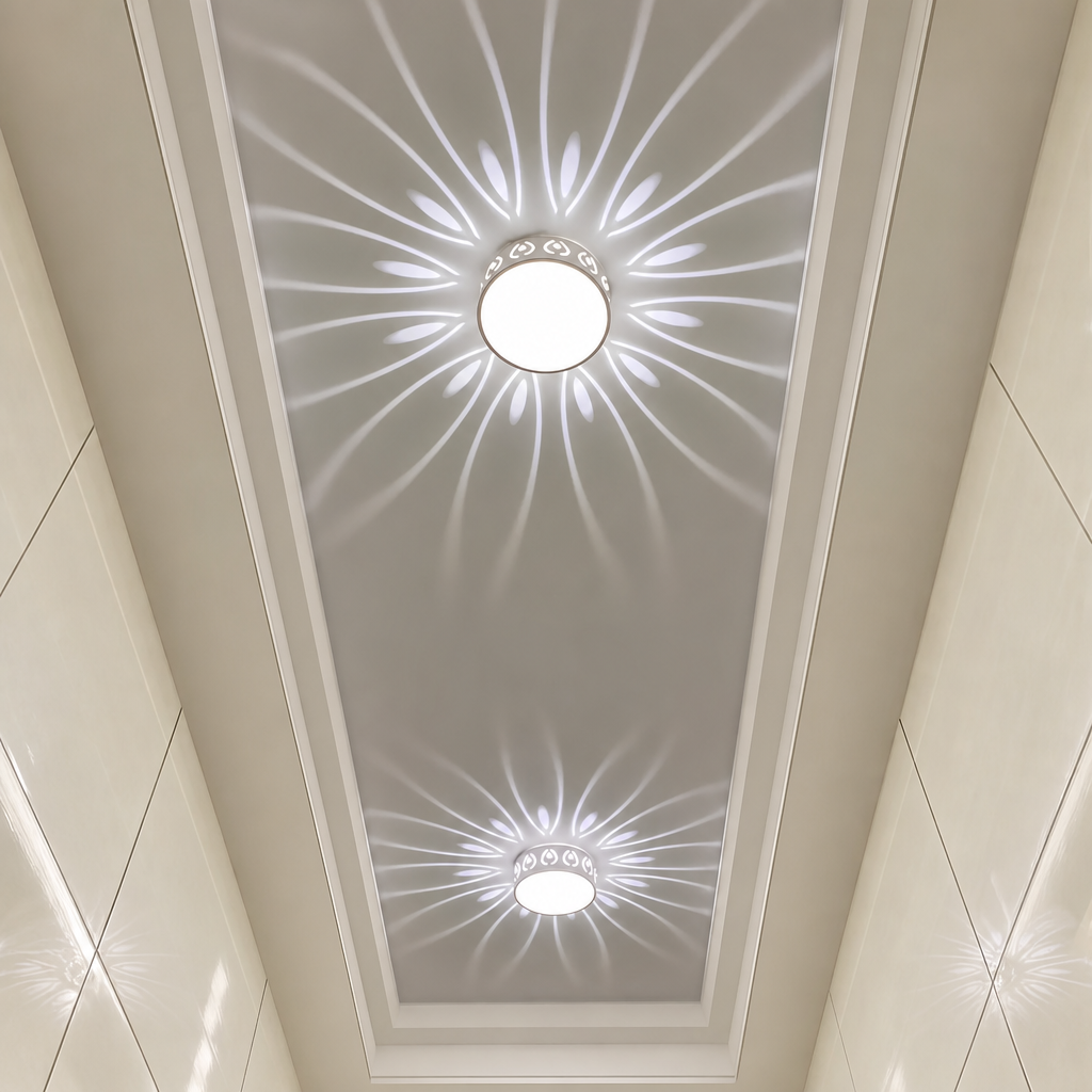 Two round ceiling lights cast floral white patterns across a recessed glossy ceiling.