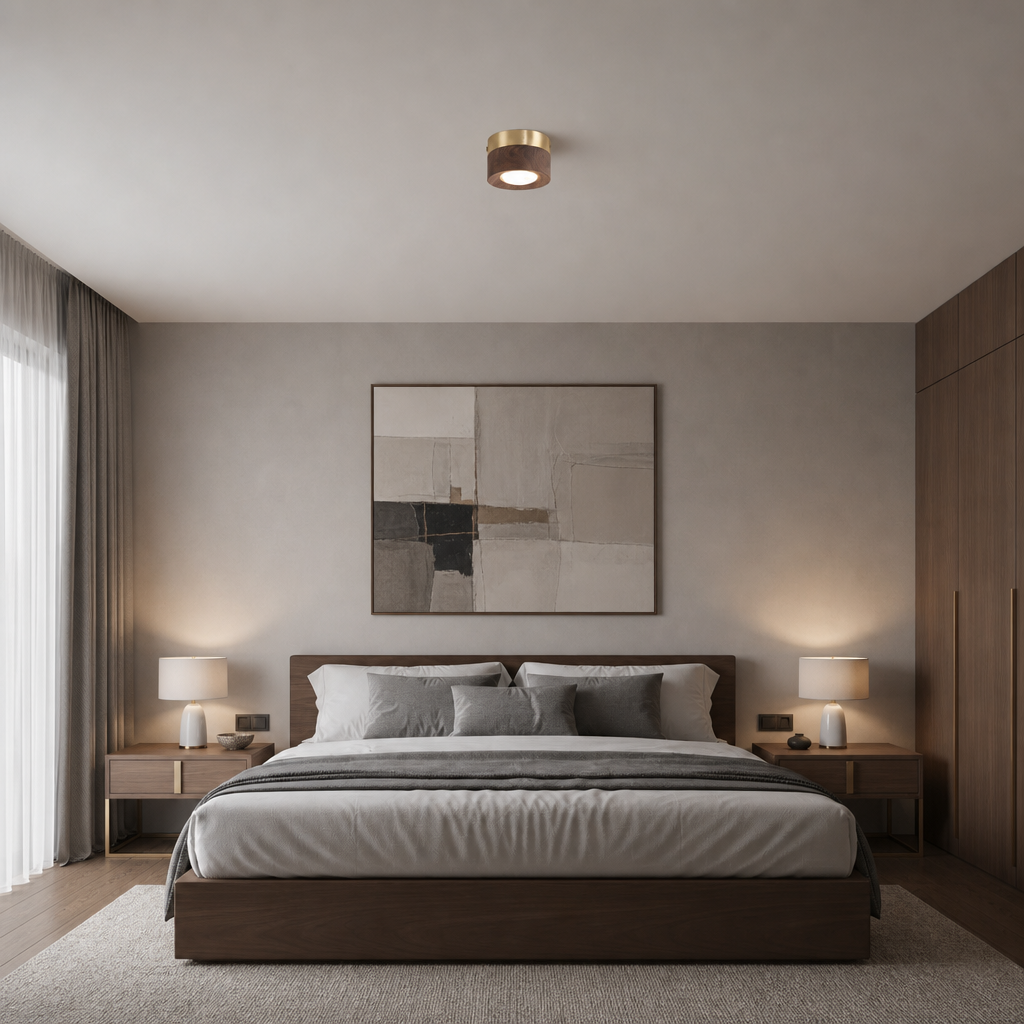 Small round ceiling light in a modern neutral bedroom above a wooden bed.