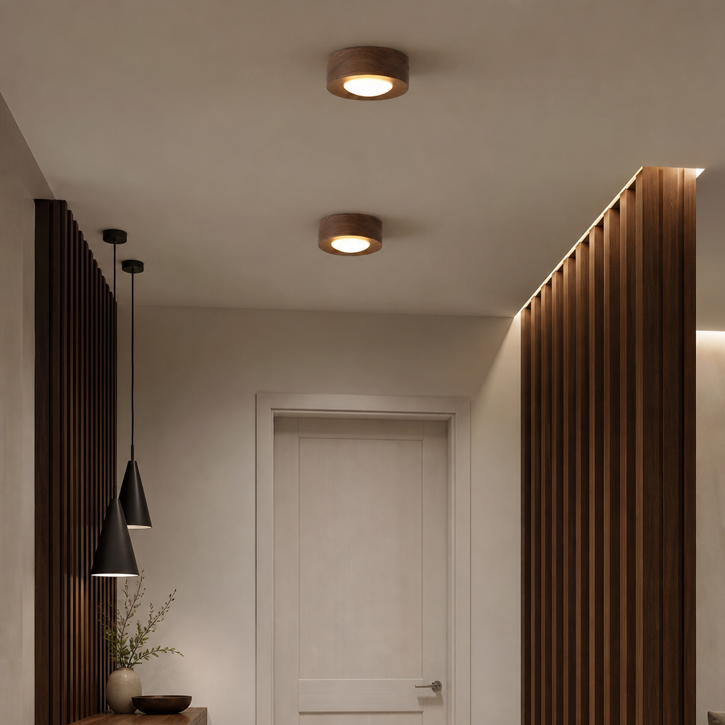 Two round wooden ceiling lights glowing in a modern hallway with dark wood slat walls.