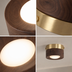 Wood and brushed brass cylindrical ceiling light with glowing frosted diffuser in a four-panel collage.