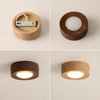 Round wood ceiling lights in natural and dark finishes showing internal mount and warm glowing diffusers.