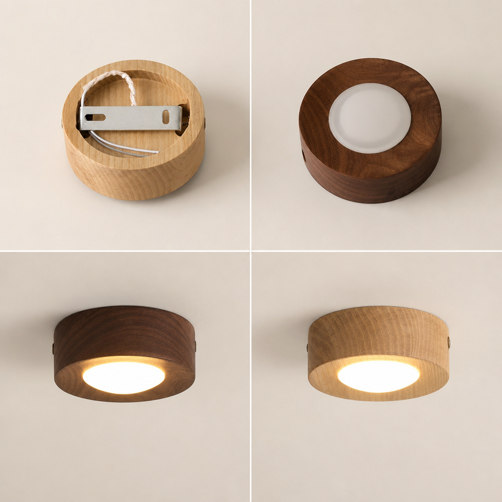 Round wood ceiling lights in natural and dark finishes showing internal mount and warm glowing diffusers.