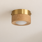 Round wood and brass ceiling light with a white frosted diffuser.