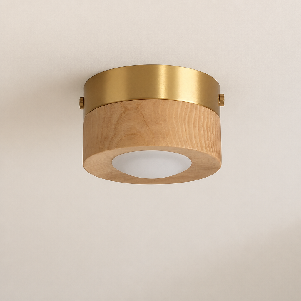 Round wood and brass ceiling light with a white frosted diffuser.