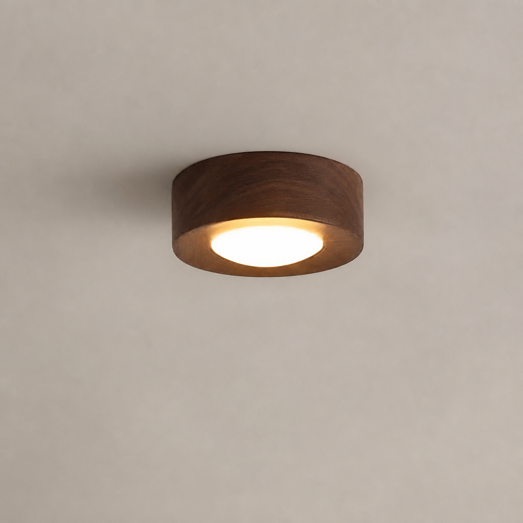 Round wooden flush mount ceiling light with warm glowing diffuser on a plain gray ceiling.