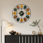 Colorful round wall clock with black frame and yellow hands above a black sideboard.