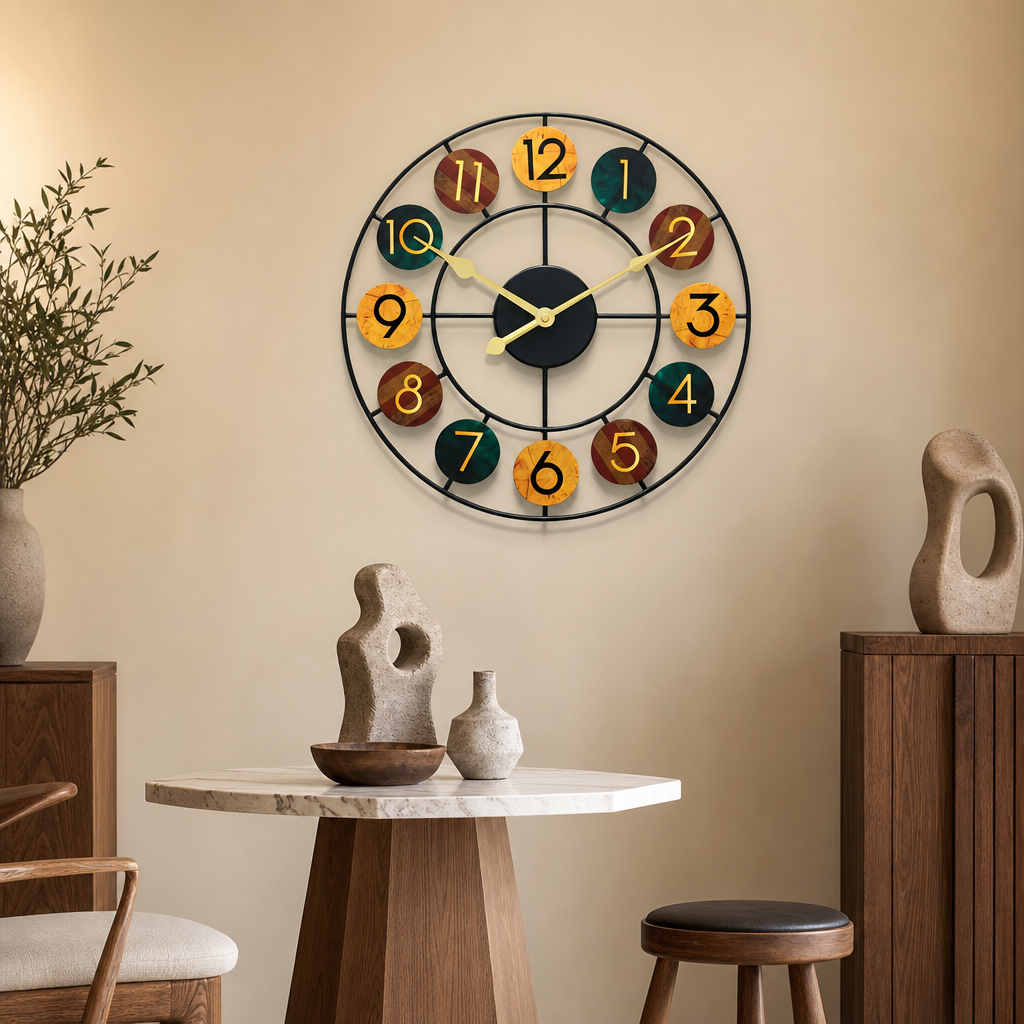 Colorful round wall clock with black metal frame and numbered wooden discs.