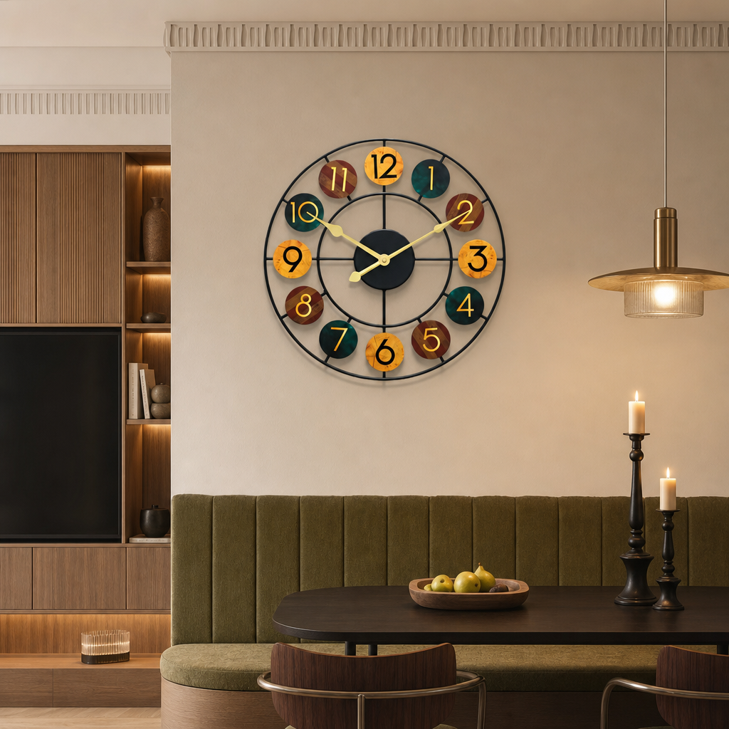 Decorative wall clock with colorful numbered disks above a dining bench.