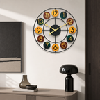 Colorful round wall clock with black metal frame and numbered wooden discs.
