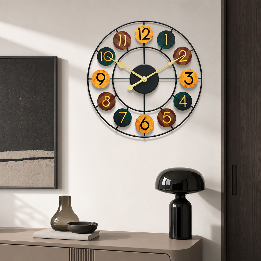 Colorful round wall clock with black metal frame and numbered wooden discs.