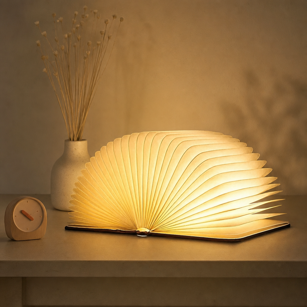 Glowing open book-shaped lamp with pleated pages on a warm bedside table.