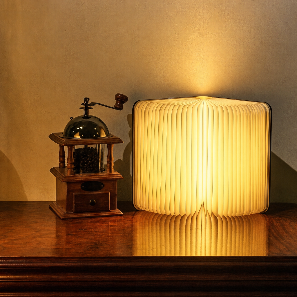 Glowing book-shaped lamp on a polished wooden table beside a vintage coffee grinder.