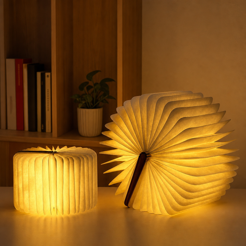 Two warm glowing foldable book lamps on a tabletop.