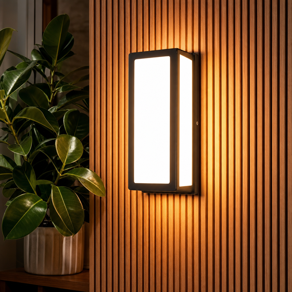Glowing rectangular wall sconce on a vertical slat wall beside green indoor plant leaves.