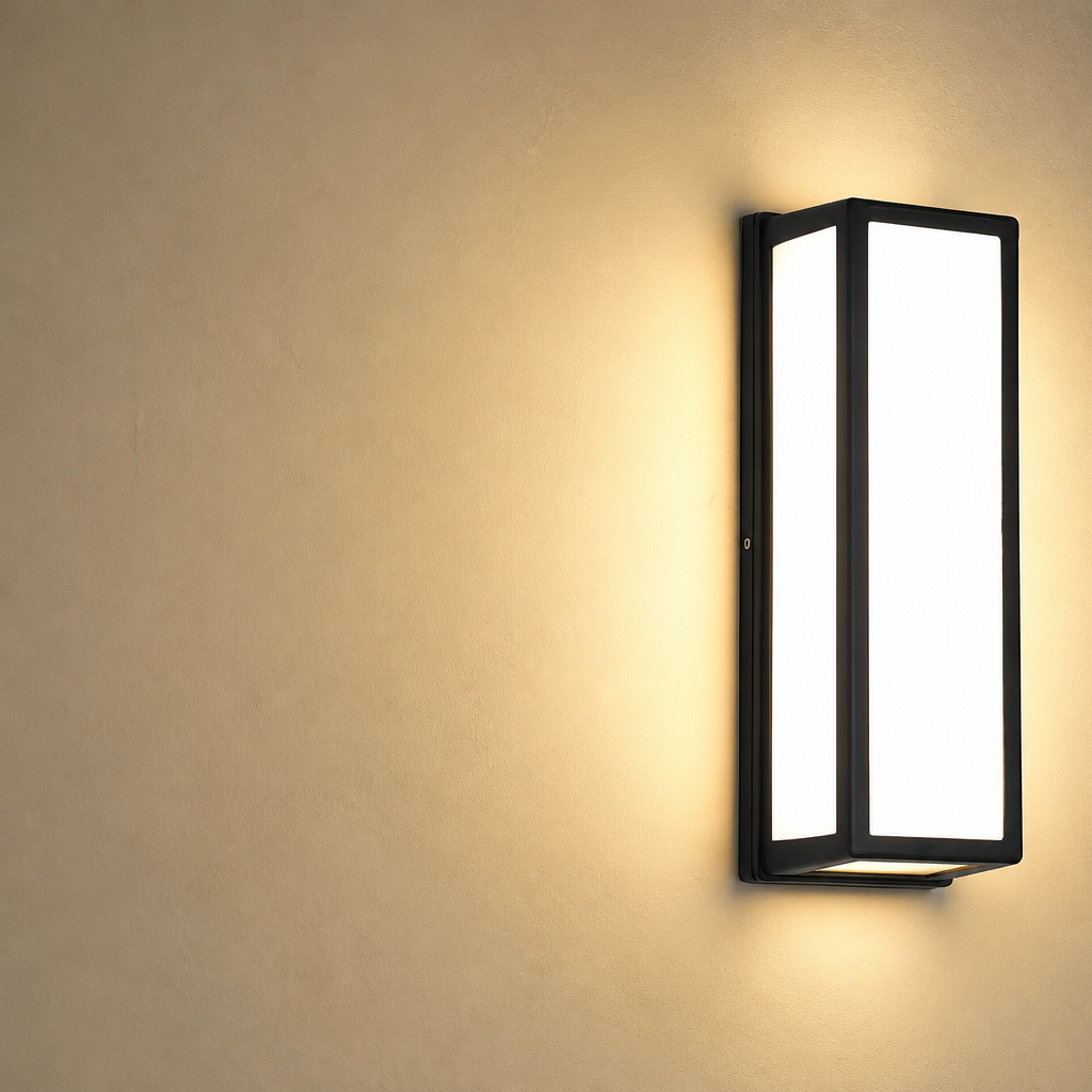Black rectangular wall sconce with glowing frosted panels on a warm beige wall.