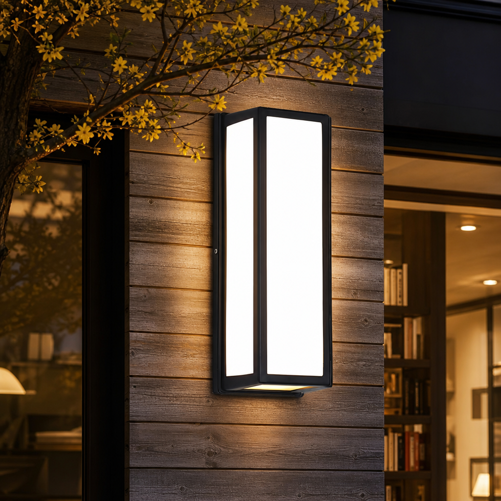 Glowing rectangular wall lantern on a wooden exterior with yellow flowers above.