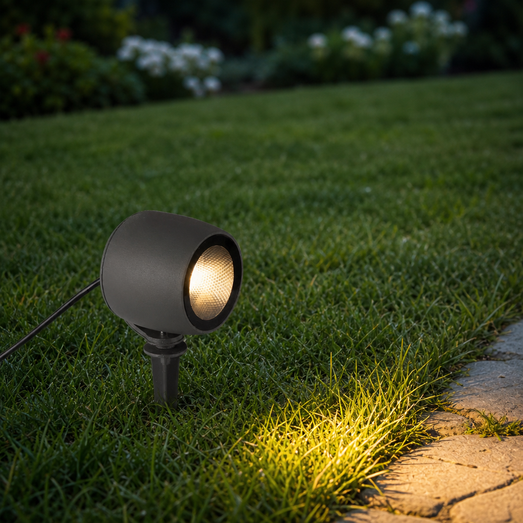 Black cylindrical garden spotlight illuminates grass beside a stone path.