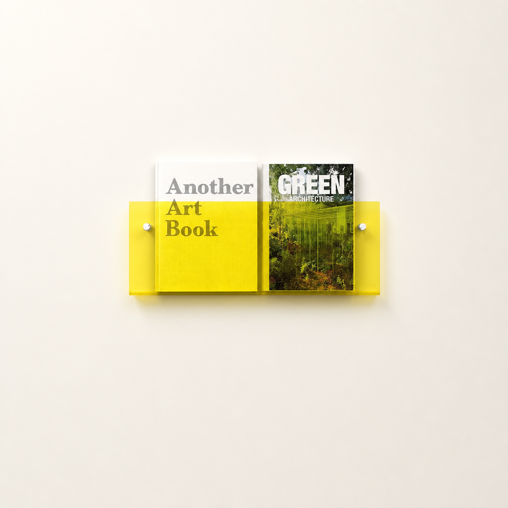 Yellow wall-mounted acrylic shelf holding two books on a pale wall.