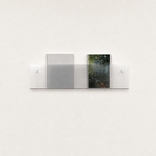 Clear wall-mounted acrylic display shelf holding two books on a white wall.