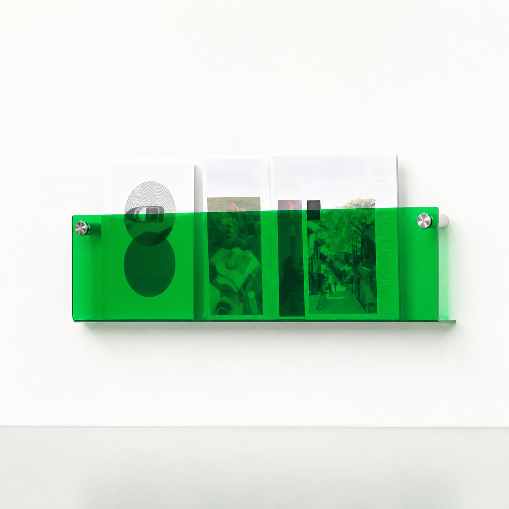 Translucent green acrylic wall magazine rack holding assorted booklets.