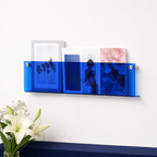 Blue transparent wall-mounted magazine holder with books and magazines on a white wall.