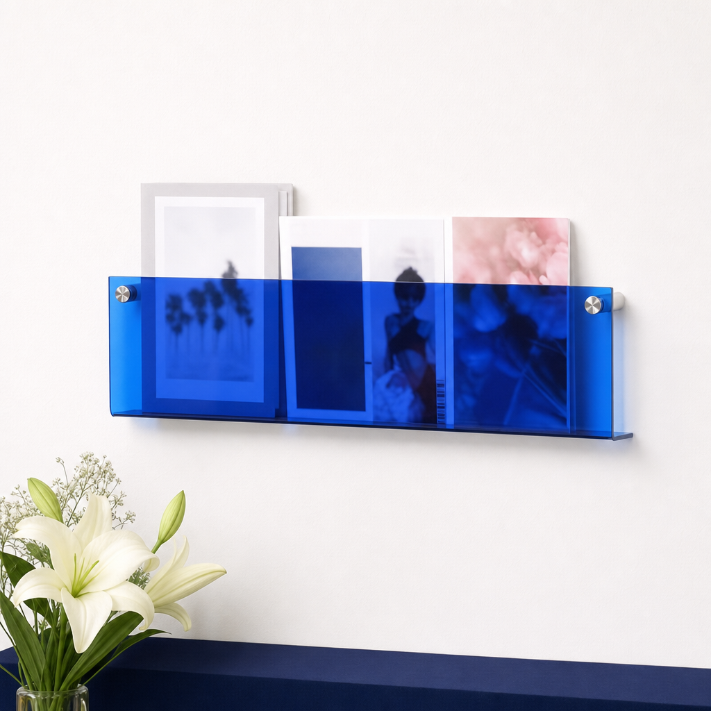 Blue transparent wall-mounted magazine holder with books and magazines on a white wall.