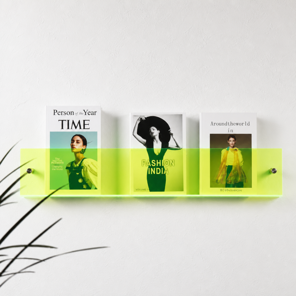 Neon green transparent wall shelf holding three fashion magazines.