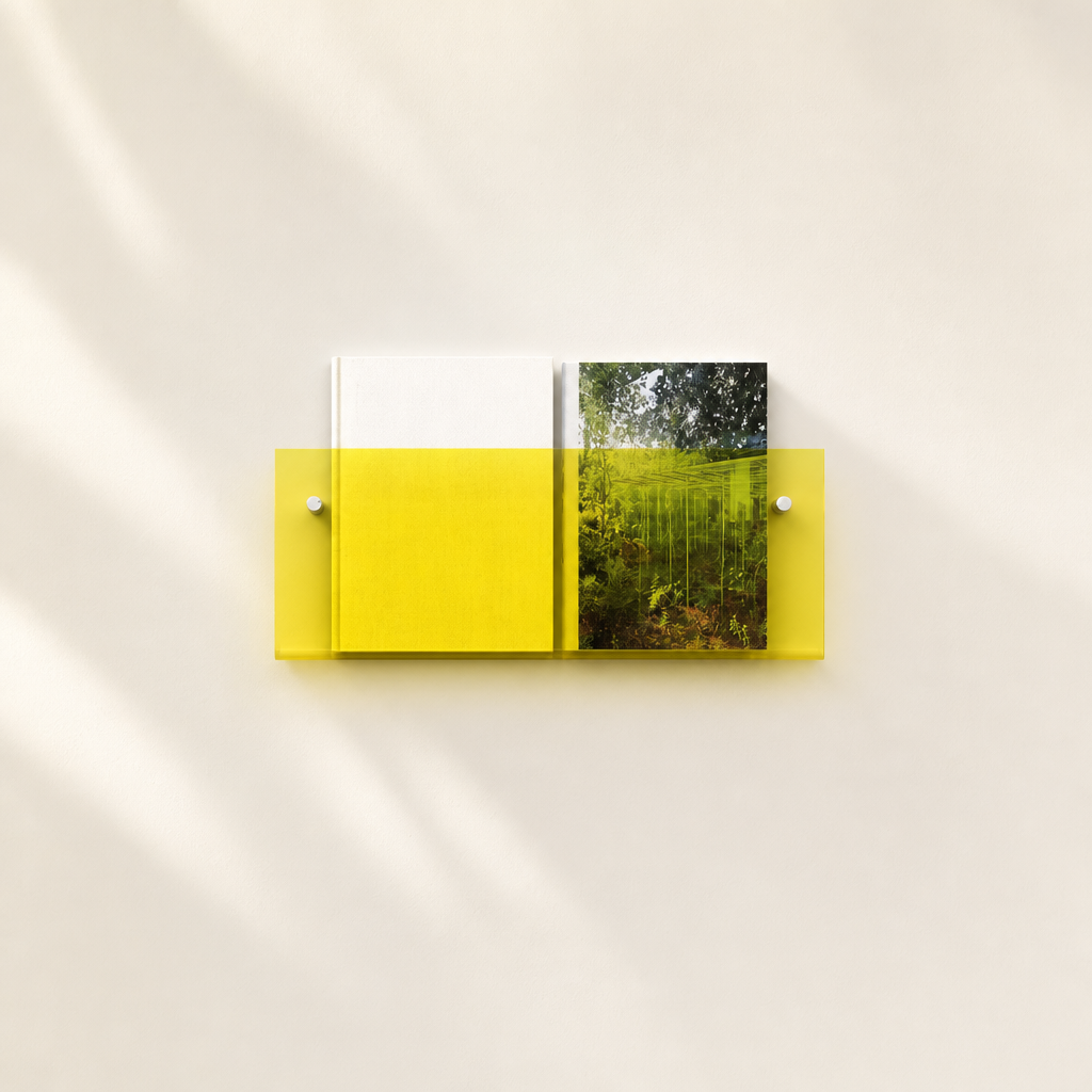Yellow wall-mounted acrylic shelf holding two books on a pale minimalist wall.