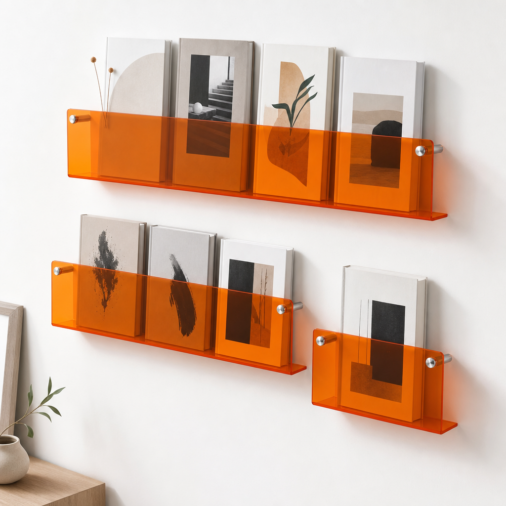 Translucent orange acrylic wall shelves display books and magazines on a white wall.