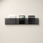 Smoked gray wall-mounted acrylic book shelf holding three magazines on a plain white wall.