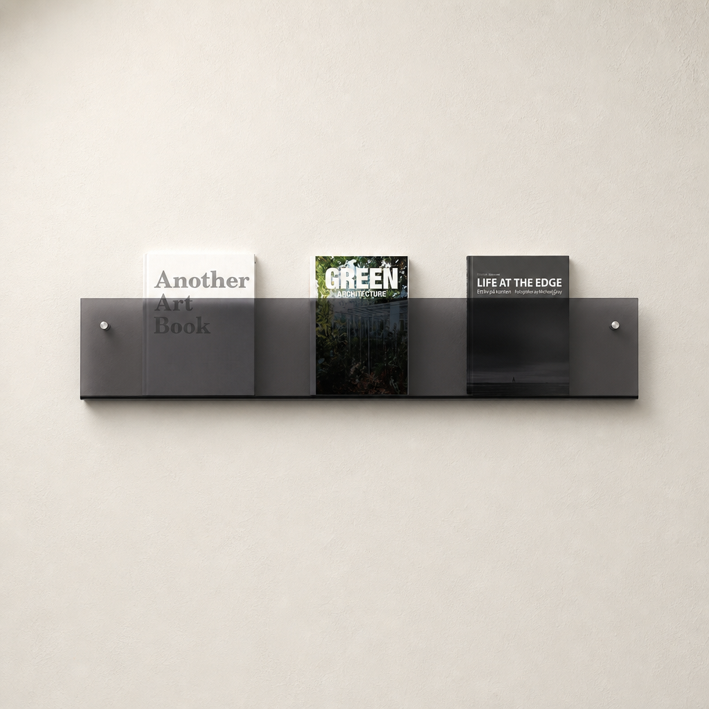 Smoked gray wall-mounted acrylic book shelf holding three magazines on a plain white wall.