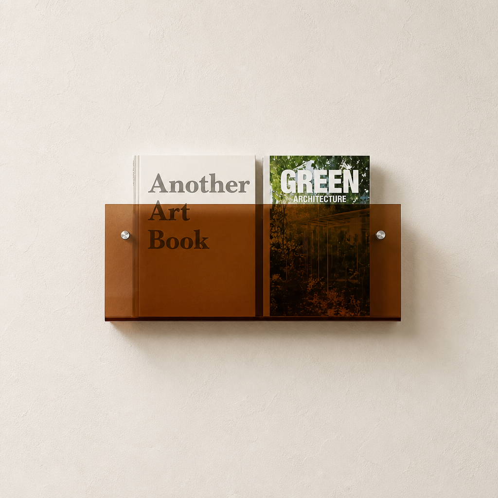 Amber wall-mounted magazine rack holding two books on a light textured wall.