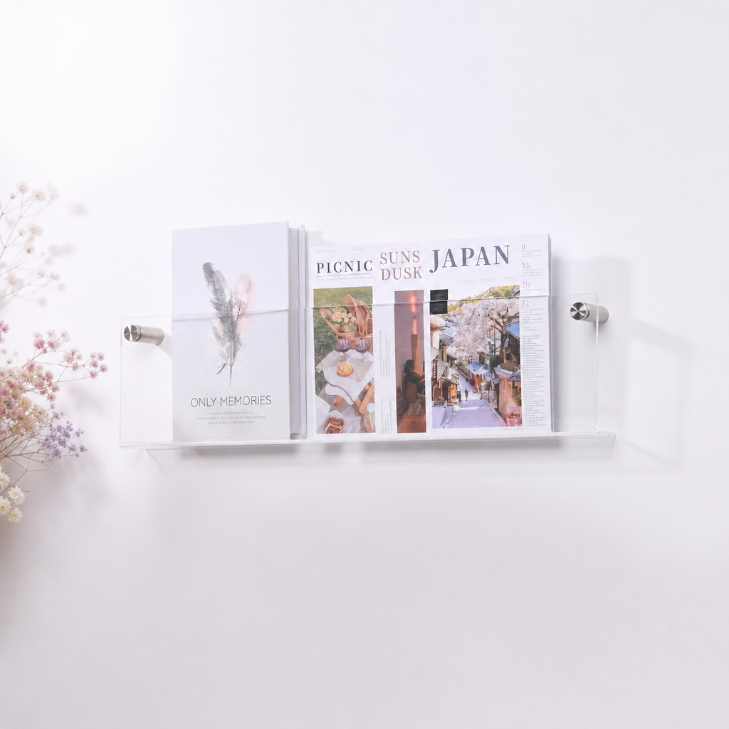 Clear wall shelf holding magazines with silver mounts against a pale wall.