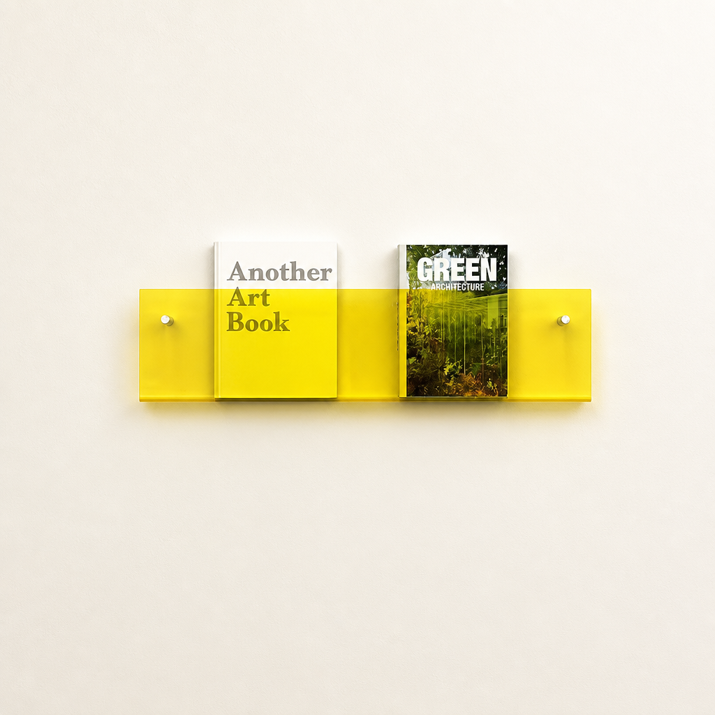 Yellow wall-mounted acrylic shelf holding two books against a pale wall.