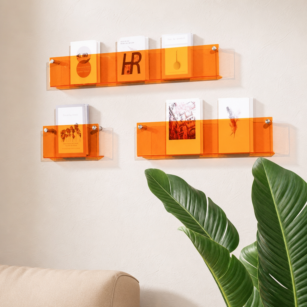 Orange translucent wall shelves display books above a sofa and leafy plant.