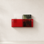 Red translucent wall-mounted magazine holder with two books on a pale wall.