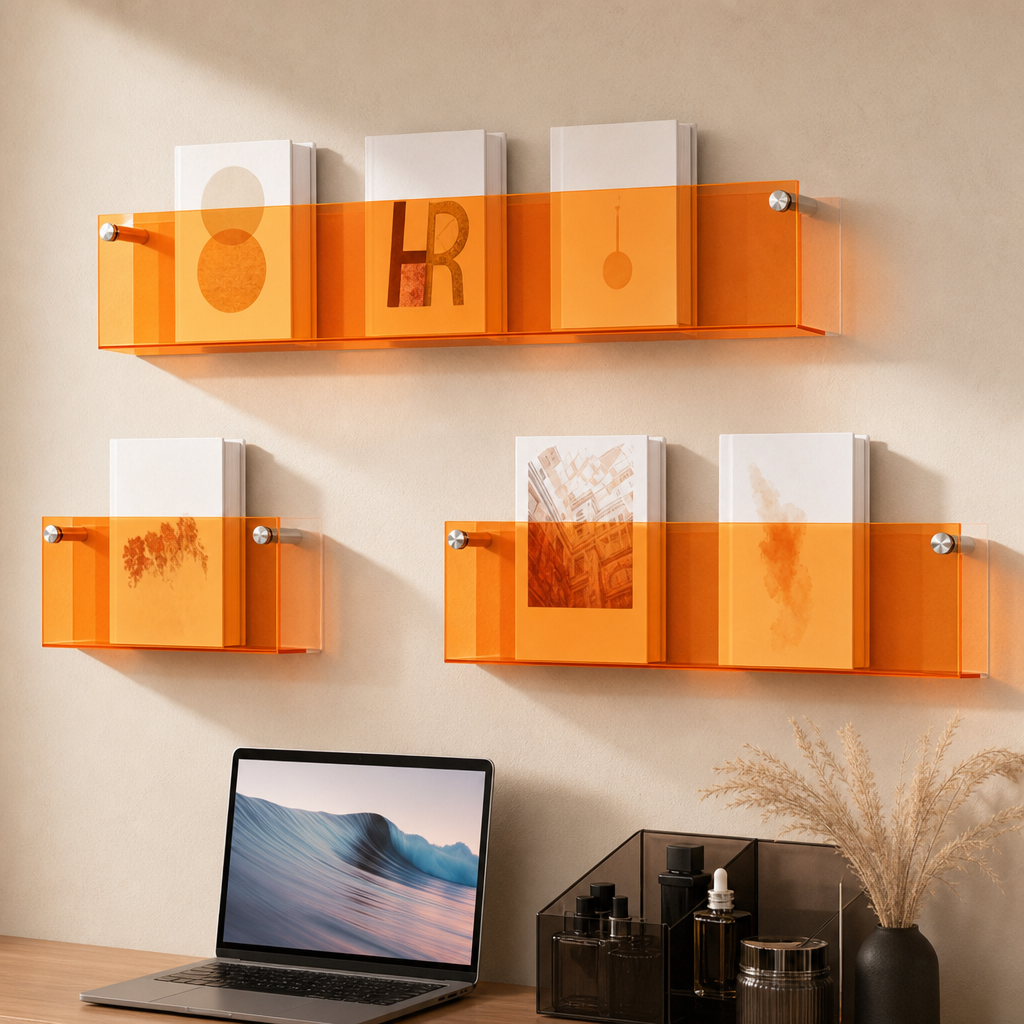 Transparent orange acrylic wall shelves display books above a desk with a laptop and small decor.