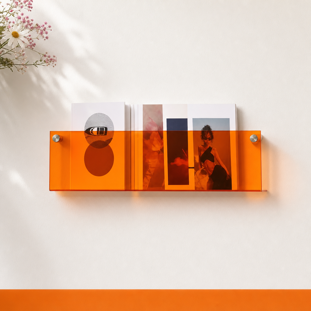 Translucent orange wall-mounted magazine holder with books on a white wall.