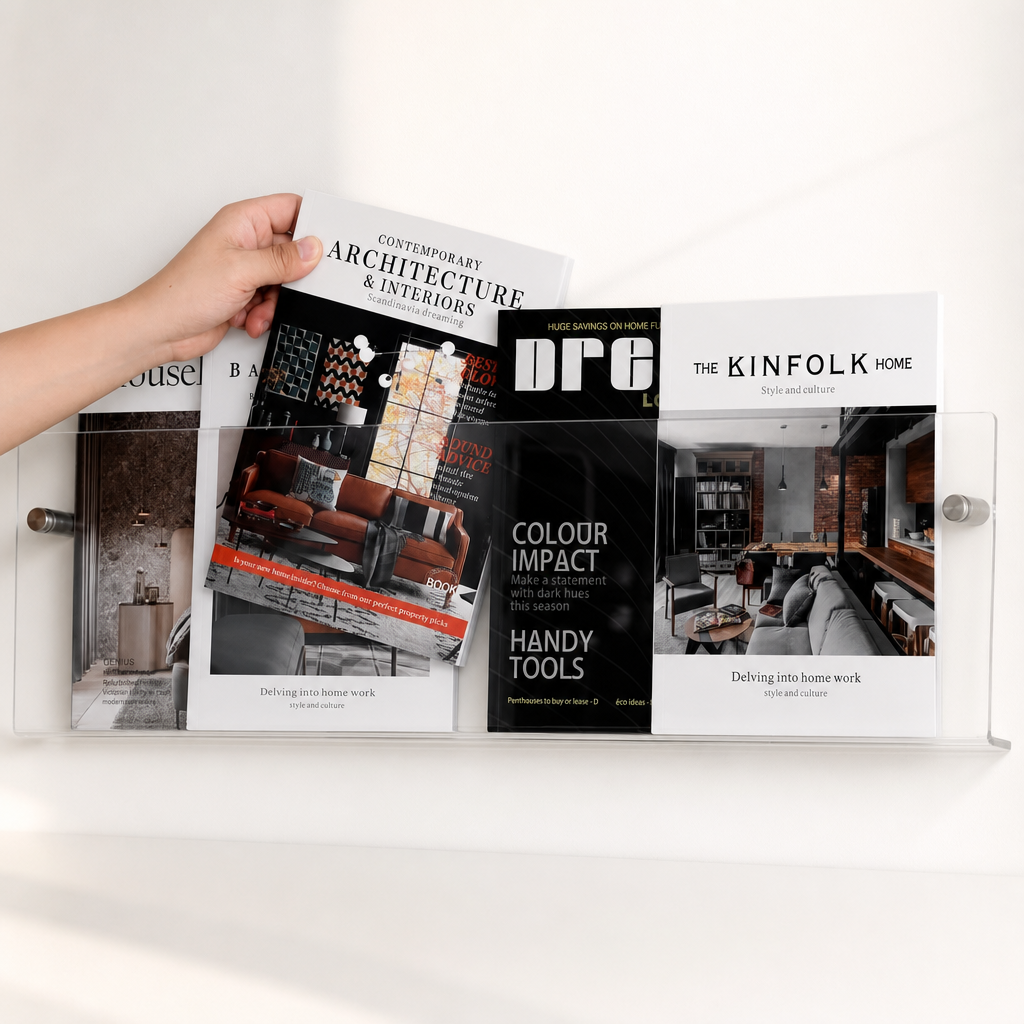 Clear acrylic magazine wall rack holding home design magazines with a hand placing one inside.