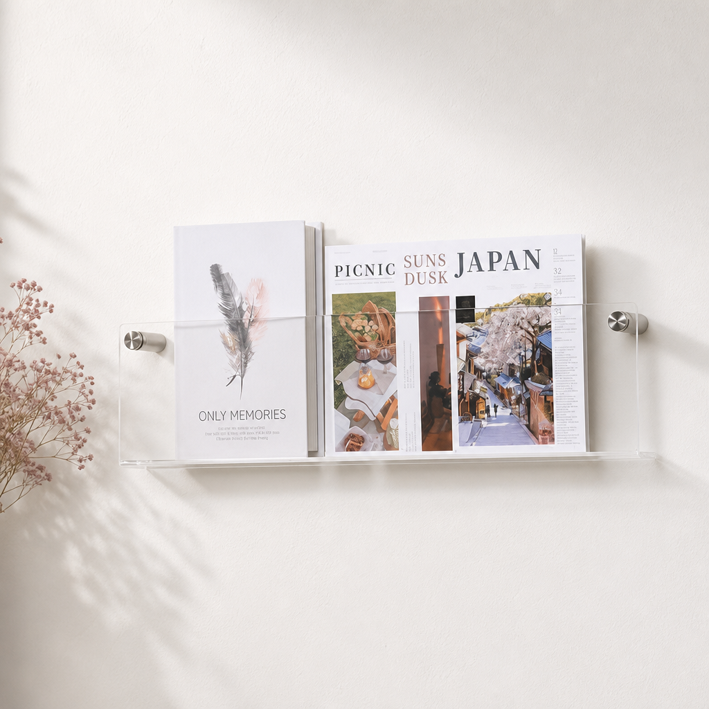 Clear acrylic wall-mounted shelf holding magazines and books with silver standoffs.