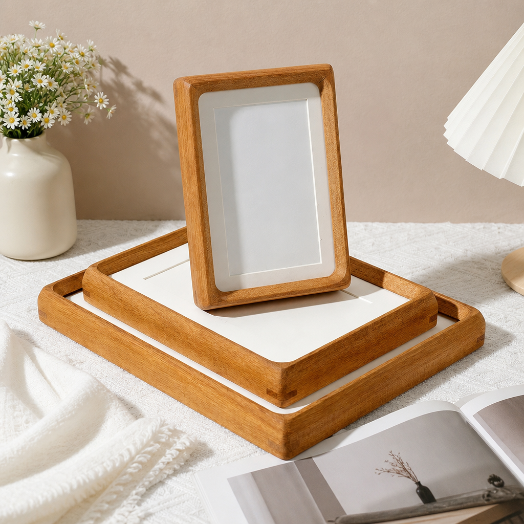 Wooden tray set with white inserts and a matching upright photo frame on a soft styled tabletop.